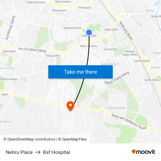 Nehru Place to Bsf Hospital map