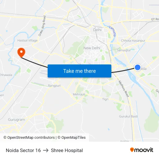 Noida Sector 16 to Shree Hospital map