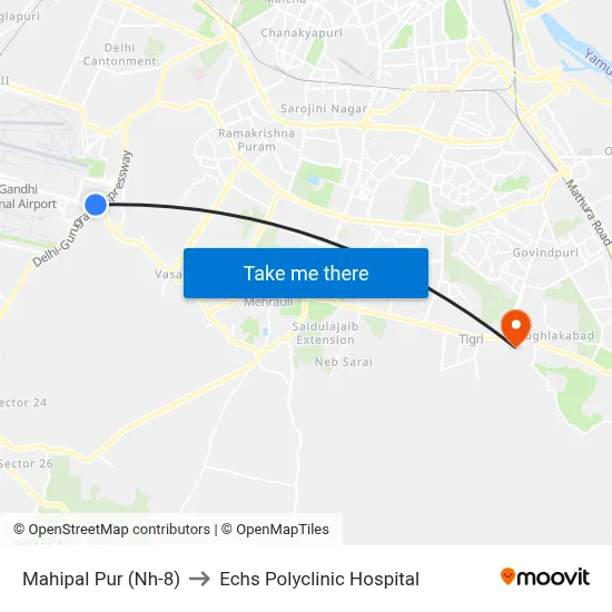 Mahipal Pur (Nh-8) to Echs Polyclinic Hospital map