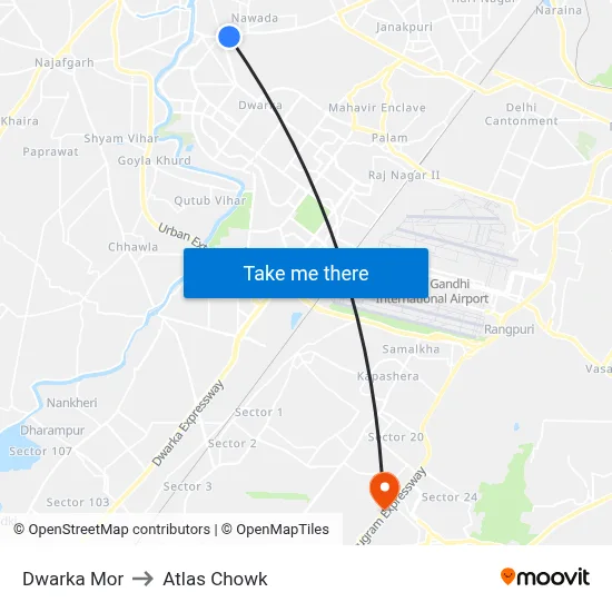 Dwarka Mor to Atlas Chowk map