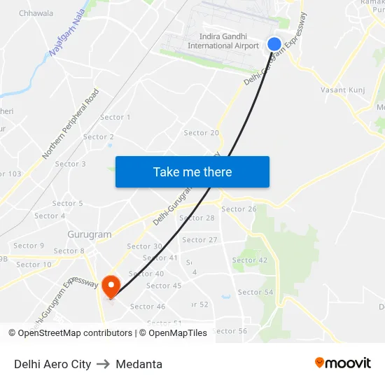 Delhi Aero City to Medanta map