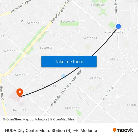 HUDA City Center Metro Station (B) to Medanta map