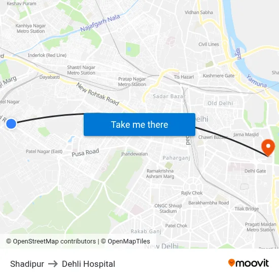 Shadipur to Dehli Hospital map
