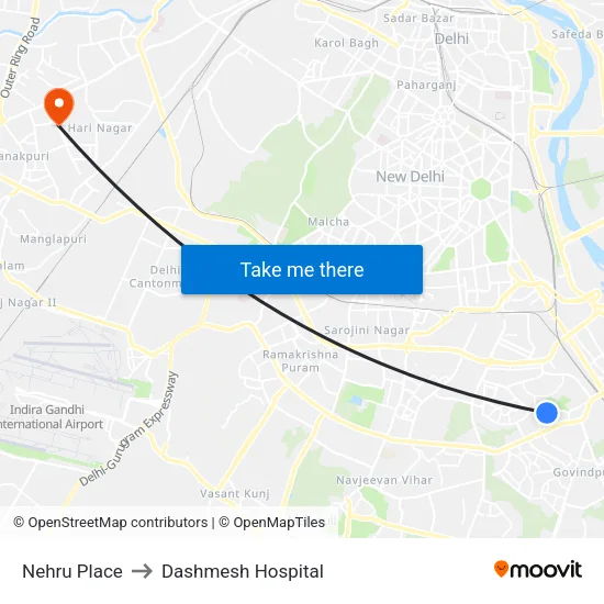 Nehru Place to Dashmesh Hospital map