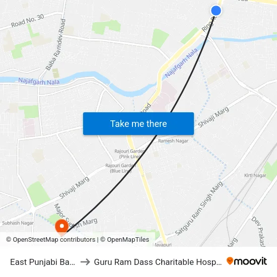 East Punjabi Bagh to Guru Ram Dass Charitable Hospital map