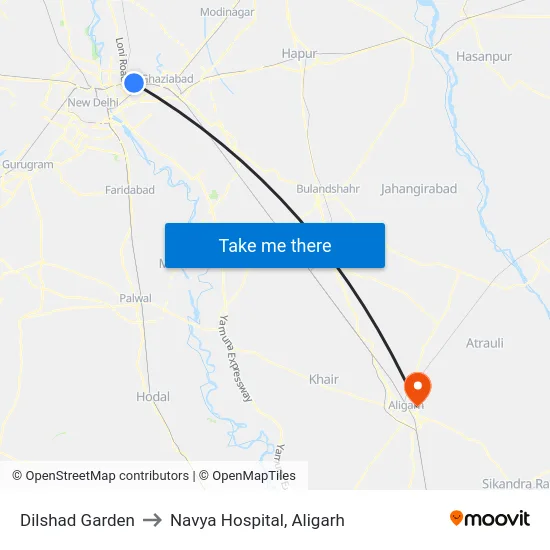 Dilshad Garden to Navya Hospital, Aligarh map
