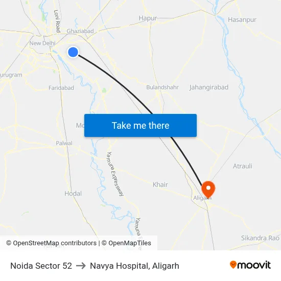 Noida Sector 52 to Navya Hospital, Aligarh map