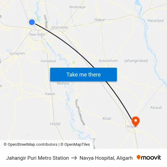 Jahangir Puri Metro Station to Navya Hospital, Aligarh map