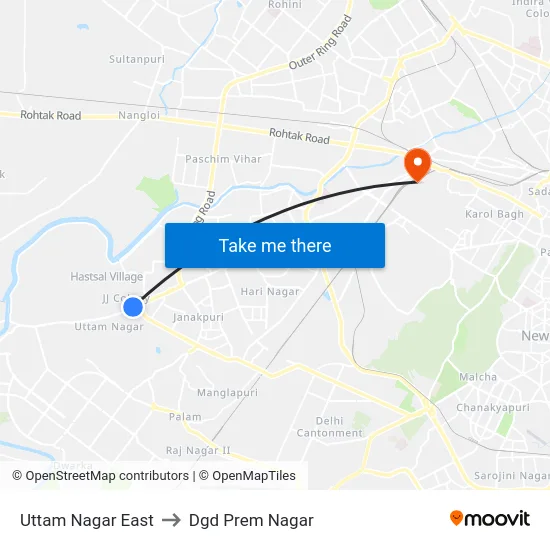 Uttam Nagar East to Dgd Prem Nagar map