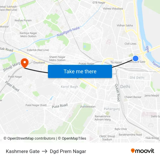 Kashmere Gate to Dgd Prem Nagar map