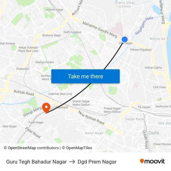 Guru Tegh Bahadur Nagar to Dgd Prem Nagar map