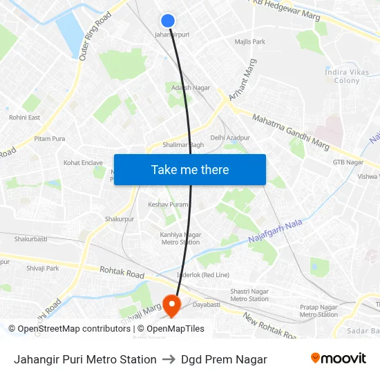 Jahangir Puri Metro Station to Dgd Prem Nagar map
