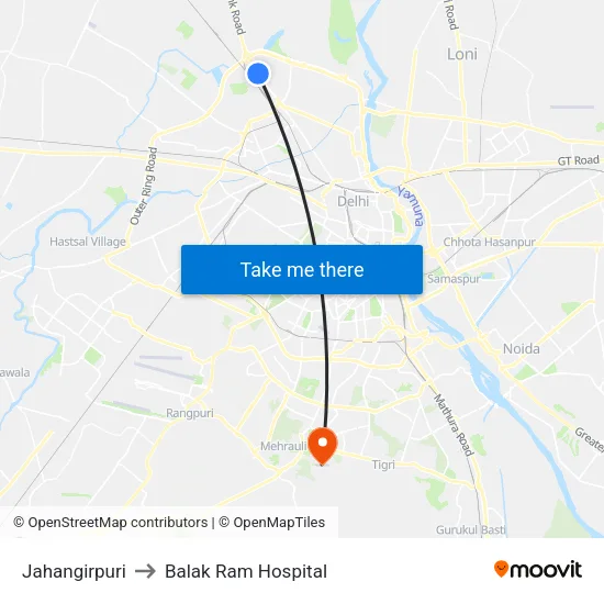 Jahangirpuri to Balak Ram Hospital map