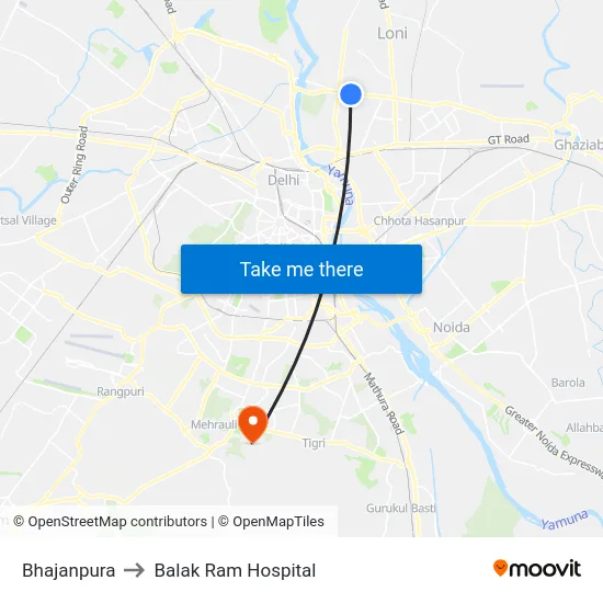 Bhajanpura to Balak Ram Hospital map