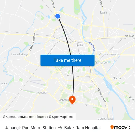 Jahangir Puri Metro Station to Balak Ram Hospital map