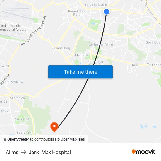 Aiims to Janki Max Hospital map