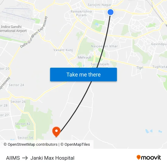 AIIMS to Janki Max Hospital map