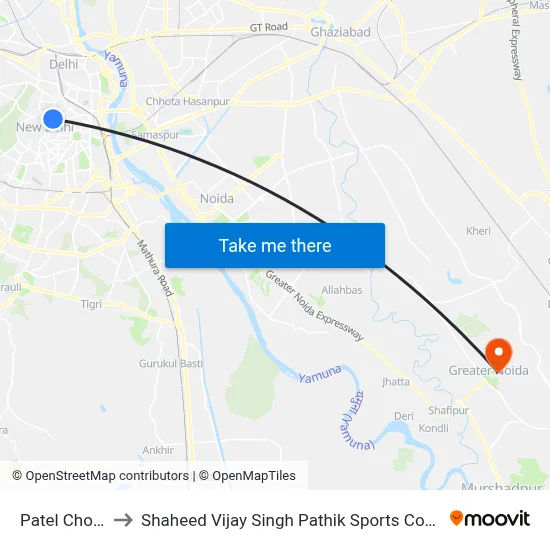 Patel Chowk to Shaheed Vijay Singh Pathik Sports Complex map