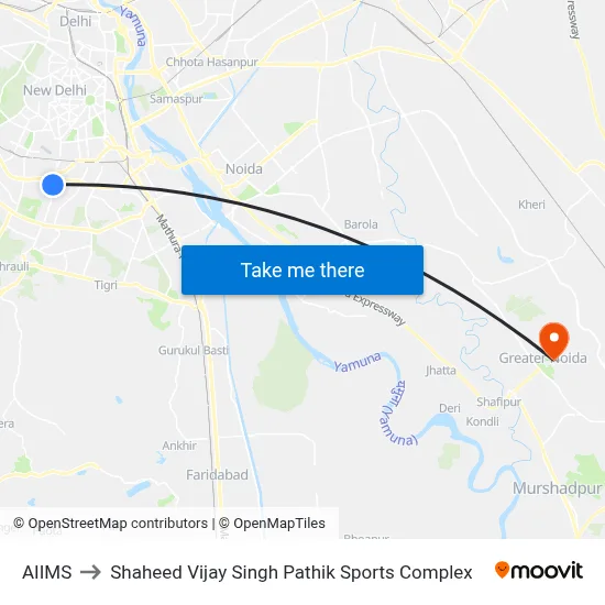 AIIMS to Shaheed Vijay Singh Pathik Sports Complex map
