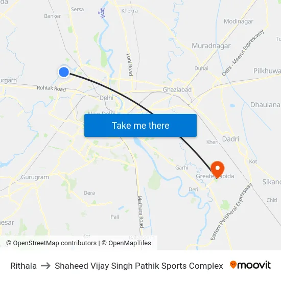 Rithala to Shaheed Vijay Singh Pathik Sports Complex map