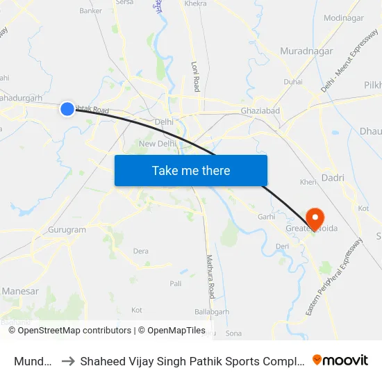 Mundka to Shaheed Vijay Singh Pathik Sports Complex map