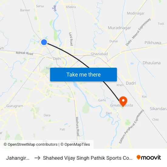 Jahangirpuri to Shaheed Vijay Singh Pathik Sports Complex map