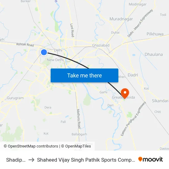 Shadipur to Shaheed Vijay Singh Pathik Sports Complex map