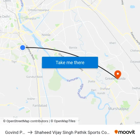 Govind Puri to Shaheed Vijay Singh Pathik Sports Complex map