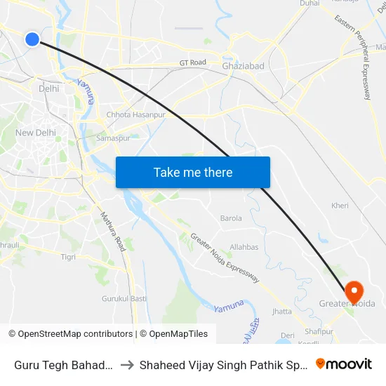 Guru Tegh Bahadur Nagar to Shaheed Vijay Singh Pathik Sports Complex map