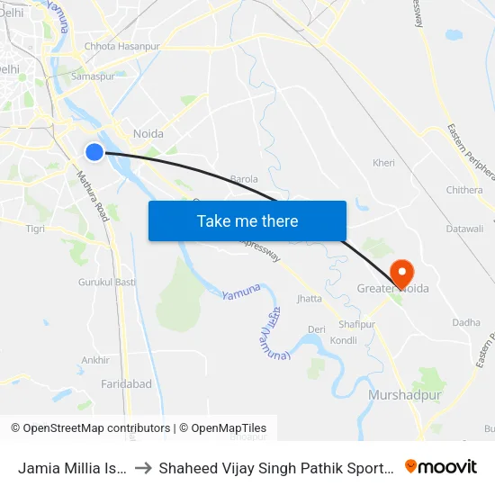 Jamia Millia Islamia to Shaheed Vijay Singh Pathik Sports Complex map