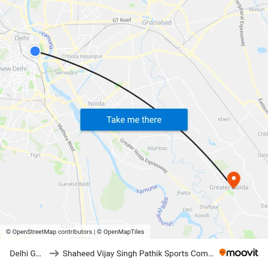 Delhi Gate to Shaheed Vijay Singh Pathik Sports Complex map
