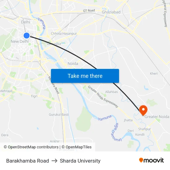 Barakhamba Road to Sharda University map
