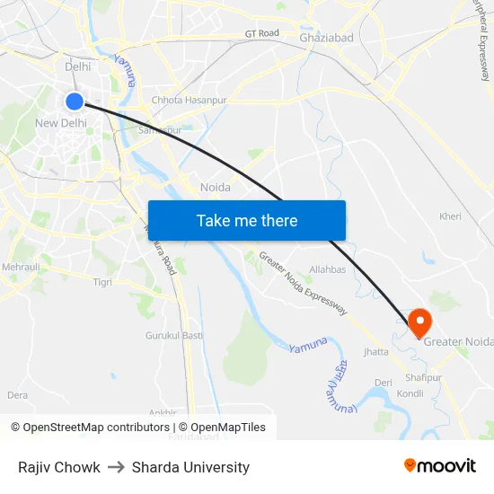Rajiv Chowk to Sharda University map