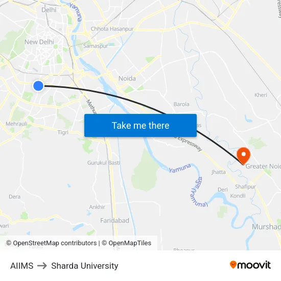 AIIMS to Sharda University map