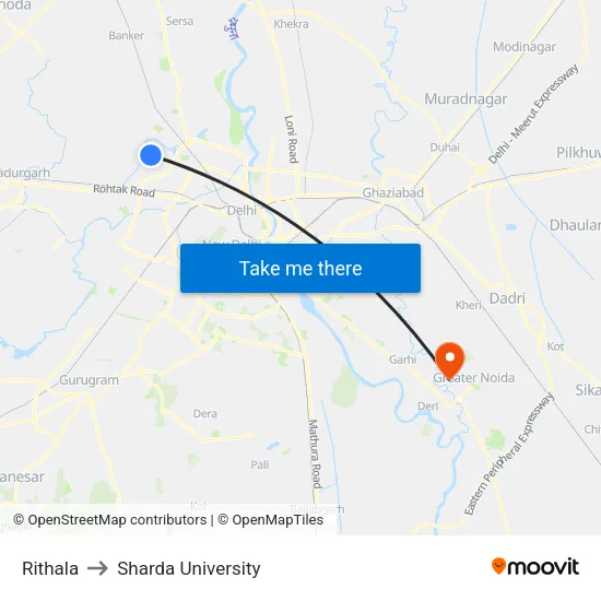 Rithala to Sharda University map