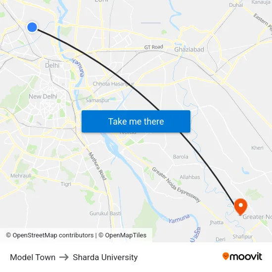 Model Town to Sharda University map