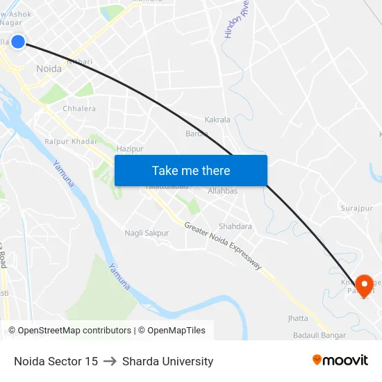 Noida Sector 15 to Sharda University map