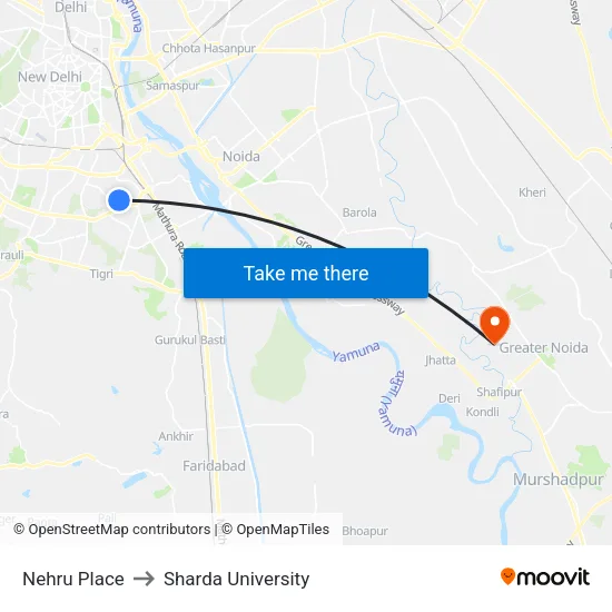 Nehru Place to Sharda University map