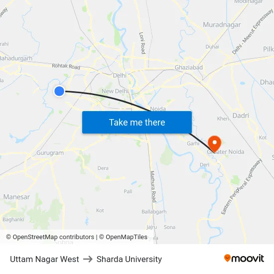 Uttam Nagar West to Sharda University map