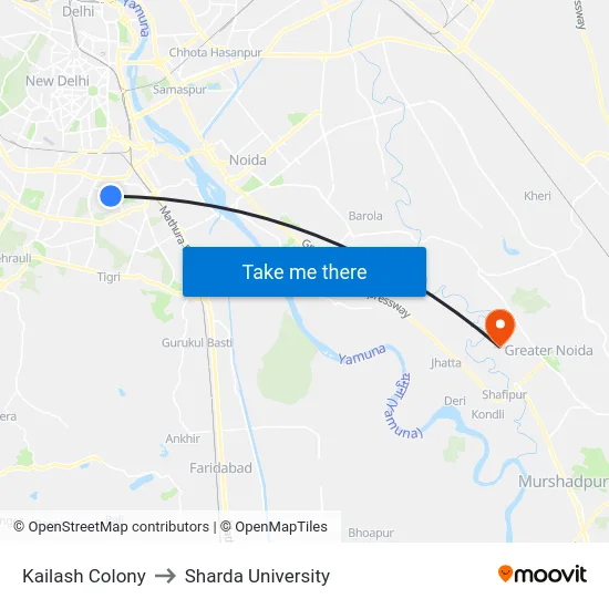 Kailash Colony to Sharda University map