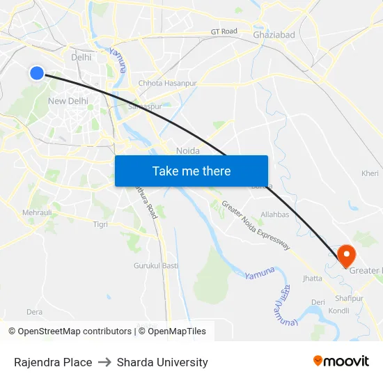 Rajendra Place to Sharda University map