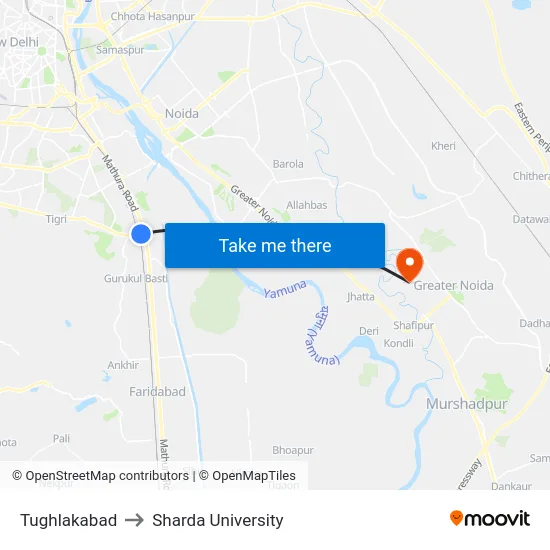 Tughlakabad to Sharda University map