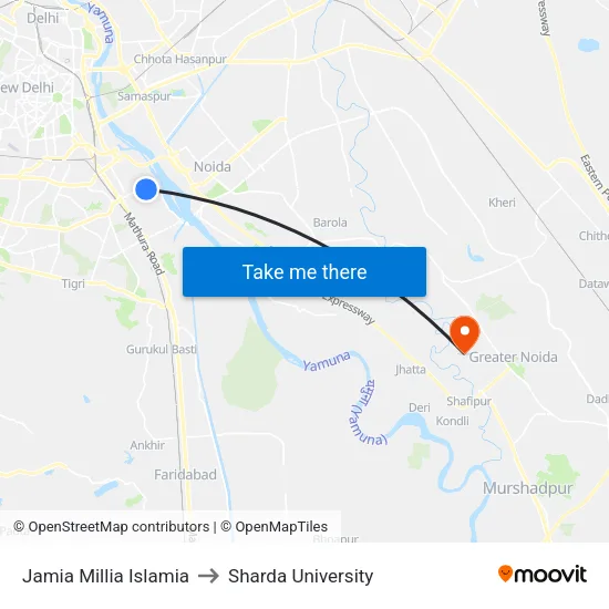 Jamia Millia Islamia to Sharda University map