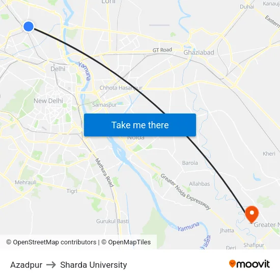 Azadpur to Sharda University map
