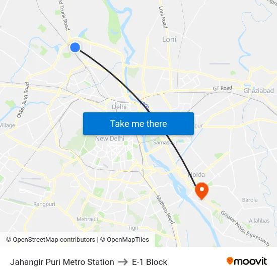 Jahangir Puri Metro Station to E-1 Block map