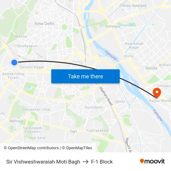 Sir Vishweshwaraiah Moti Bagh to F-1 Block map