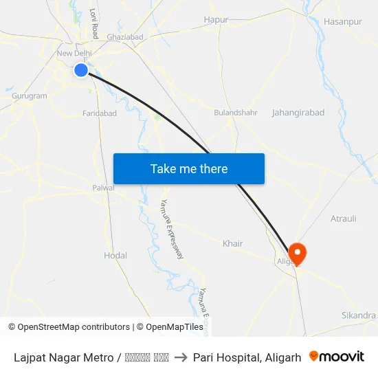 Lajpat Nagar Metro / लाजपत नगर to Pari Hospital, Aligarh map