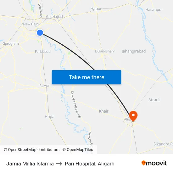 Jamia Millia Islamia to Pari Hospital, Aligarh map