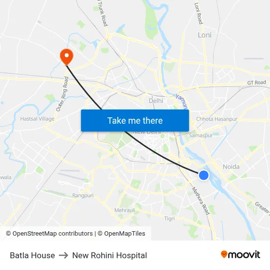Batla House to New Rohini Hospital map