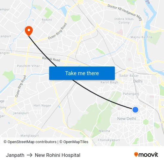 Janpath to New Rohini Hospital map